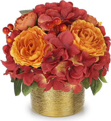 Fall Rose Hydrangeas Artificial Flowers with Golden Pot Decor