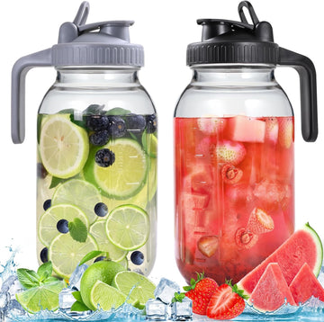 Glass Pitchers with Lid, Set of 2, 64OZ Leak-Proof Airtight Mason Jars, Wide Mouth Water Jugs for Cold Brew Coffee
