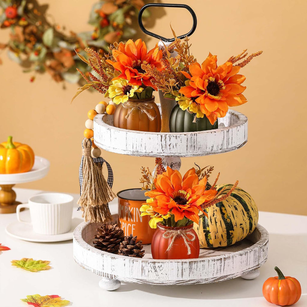 Fall Tiered Tray Decor - Pumpkin Cups with Artificial Sunflowers - Set of 3