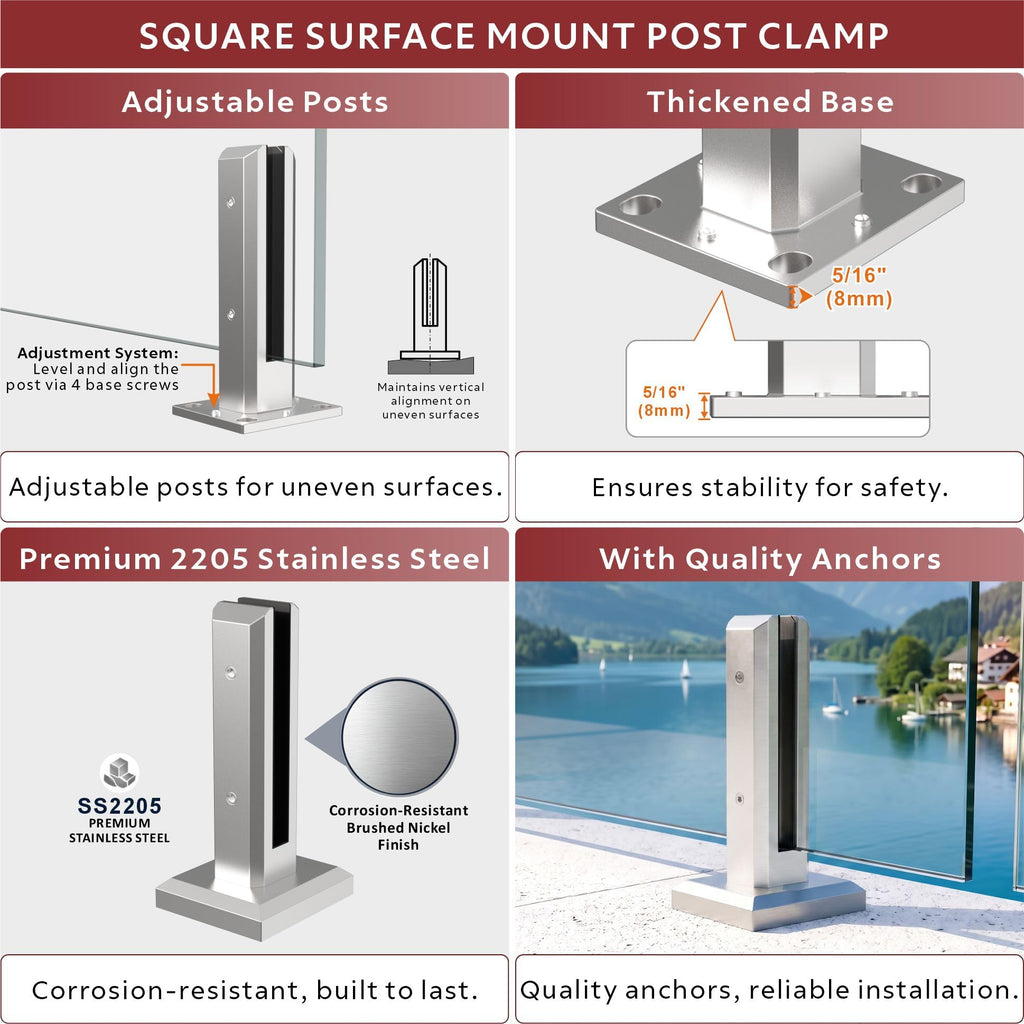 2 Panel Laminated Glass Railing System, 121-125" W x 44" H Patio Rail Kit