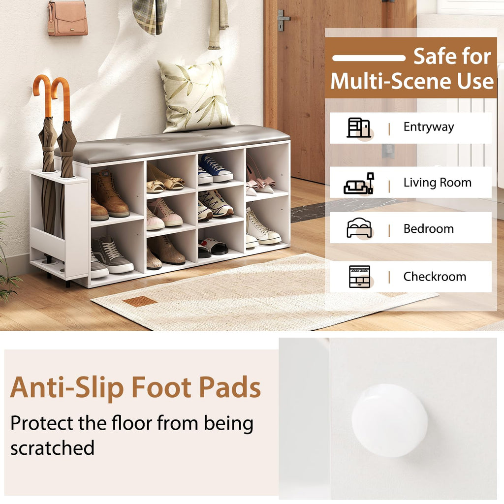 Shoe Storage Bench with Umbrella Stand, 10-Cube Entryway Bench with Adjustable Shelf & Padded Cushion, Cubby Shoe