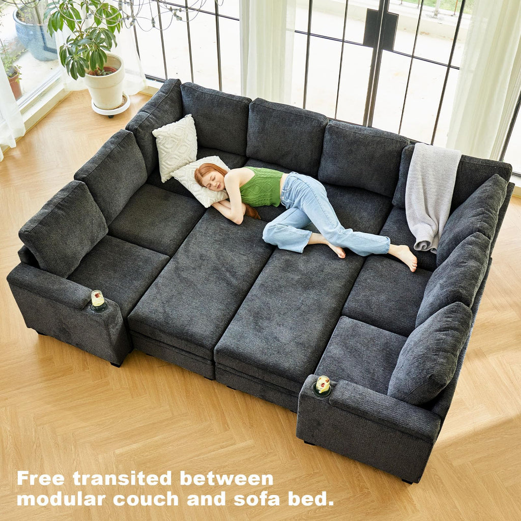 Chenille Modular Sectional Sofa, 7 Seater U Shape Couch, Dark Grey