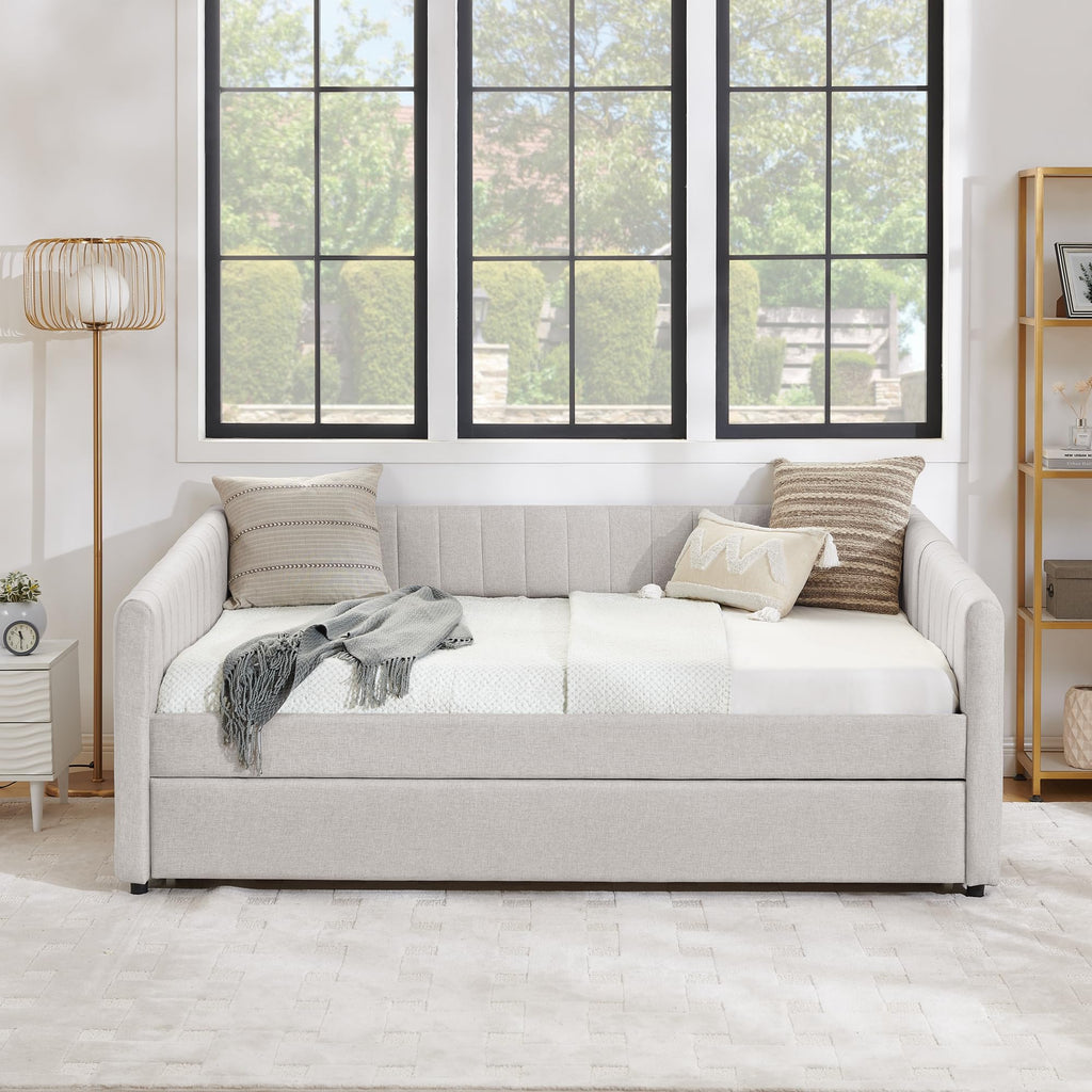 Daybed with Pop Up Trundle Bed, Modern Upholstered Linen Full Size Day Bed Frame with Stripes, Tufted Corner Sofa Bed