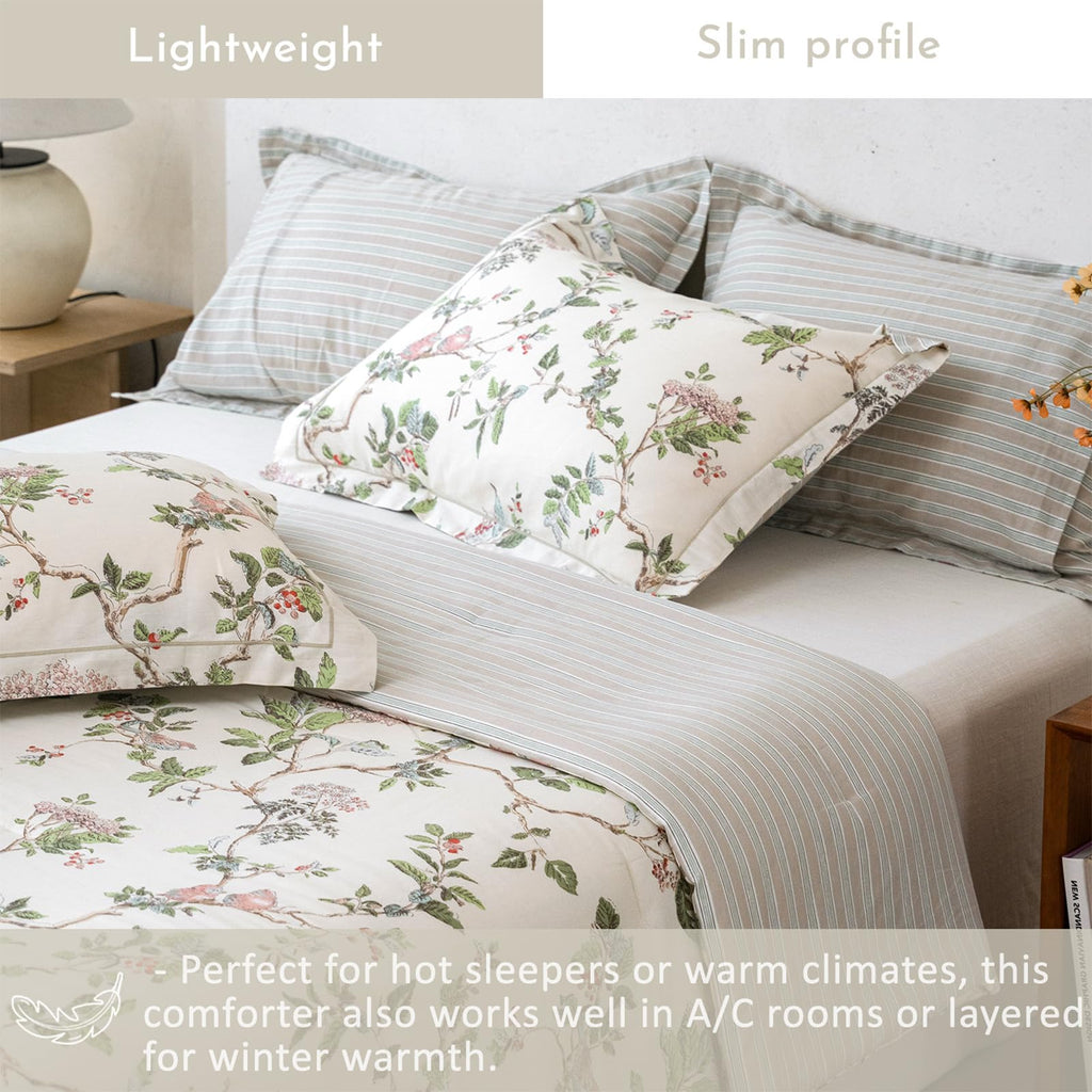 Farmhouse Cotton Comforter Set 3PC - Soft Cream Base Songbird Grove Botanical Prints, Earthy Stripe