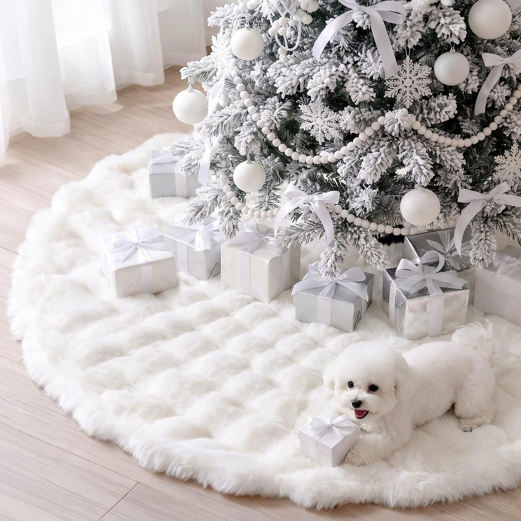 60 in White Faux Fur Christmas Tree Skirt, 3D Quilted Plush Snow Tree Skirt