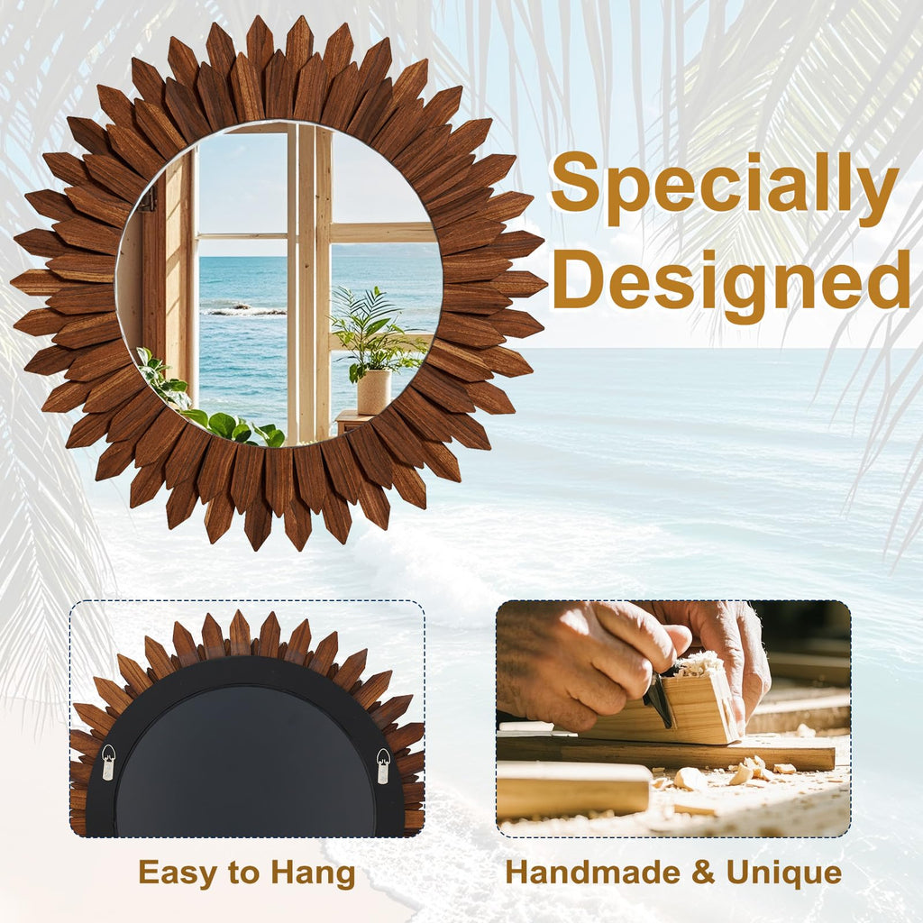 28" Walnut Round Sunburst Wooden Mirror Boho Rustic Wall Decor