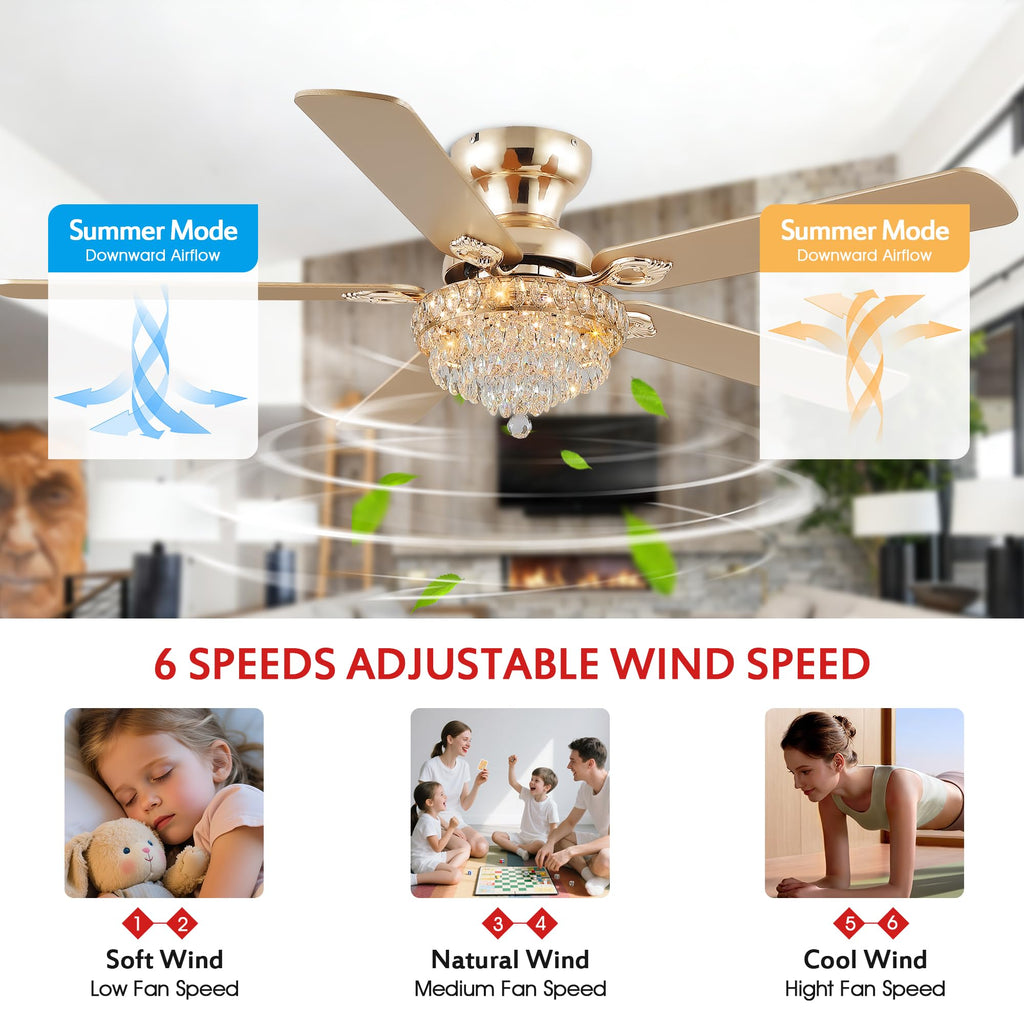 Crystal Ceiling Fan Fandelier with Lights-Modern Ceiling Fan(52" Gold)