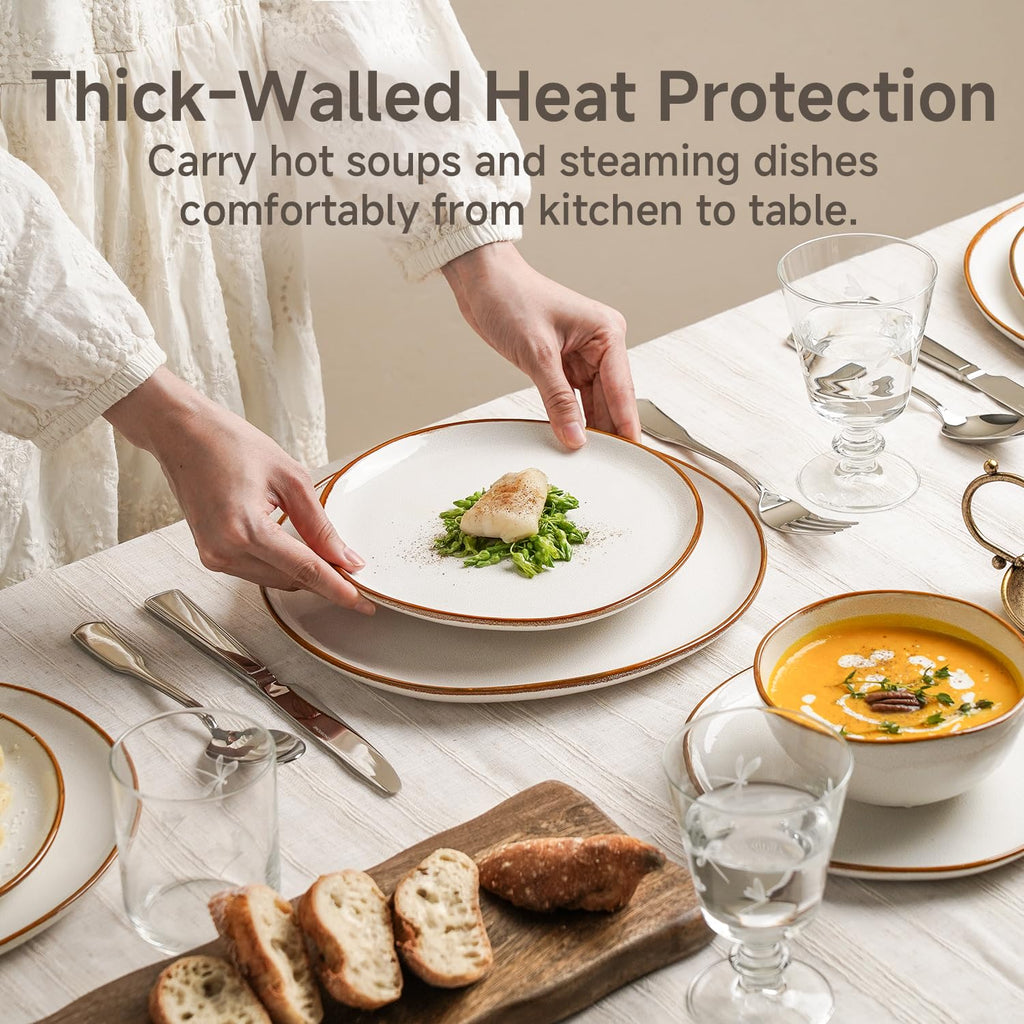 Stoneware Dinnerware Sets for 8, Reactive Glaze Plates and Bowls, White