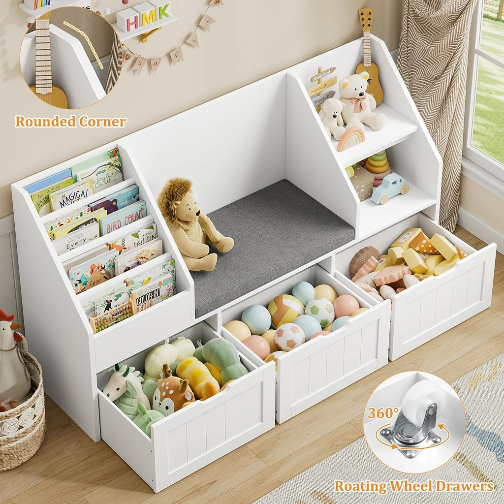 Kids Bookshelf with Reading Nook, Toy Storage with Seat Cushion | 55.1'' Toy Storage Organizer with 3 Movable