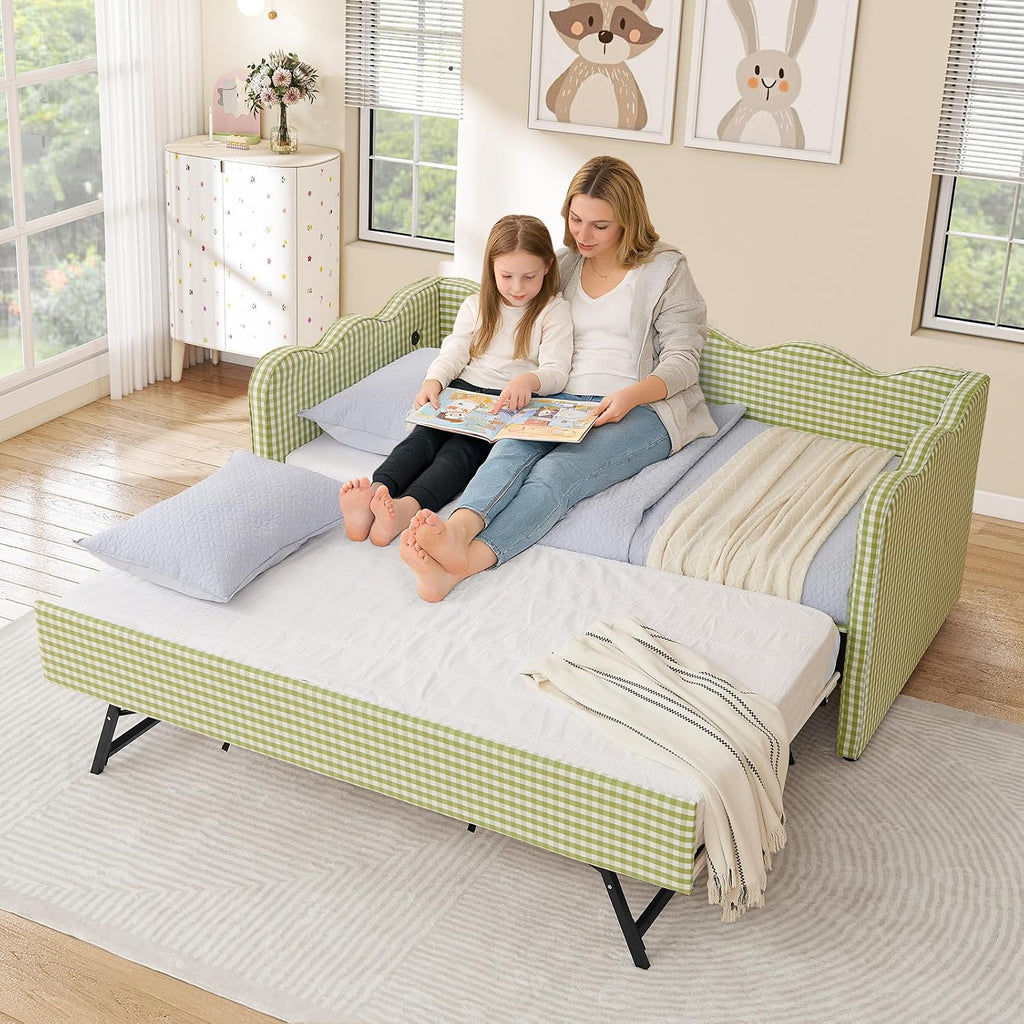 Twin Size Daybed with Pop Up Trundle, Linen Gingham Twin to King Daybed with USB Ports, Upholstered Day Bed Frame
