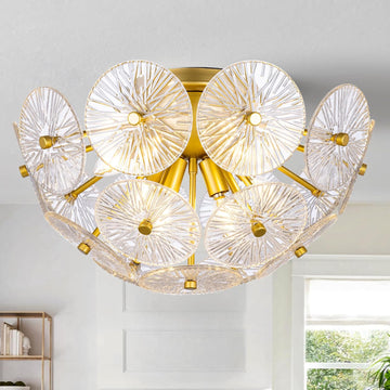 6 Lights Flush Mount Ceiling Light Fixture, 21.85" D Modern Glass Chandelier, Gold Glass Flush Mount Chandelier