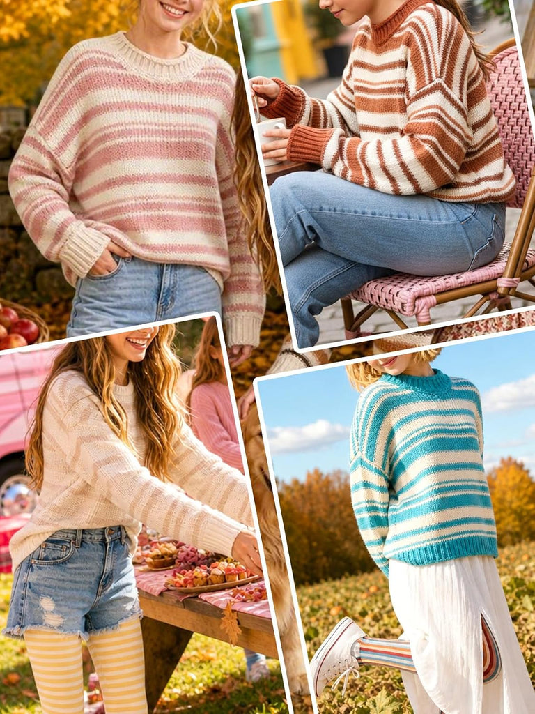 Girls Striped Sweaters Crewneck Fashion Kids Knit Long Sleeve Casual 2026 Trendy Fall Winter Pullover Outfits