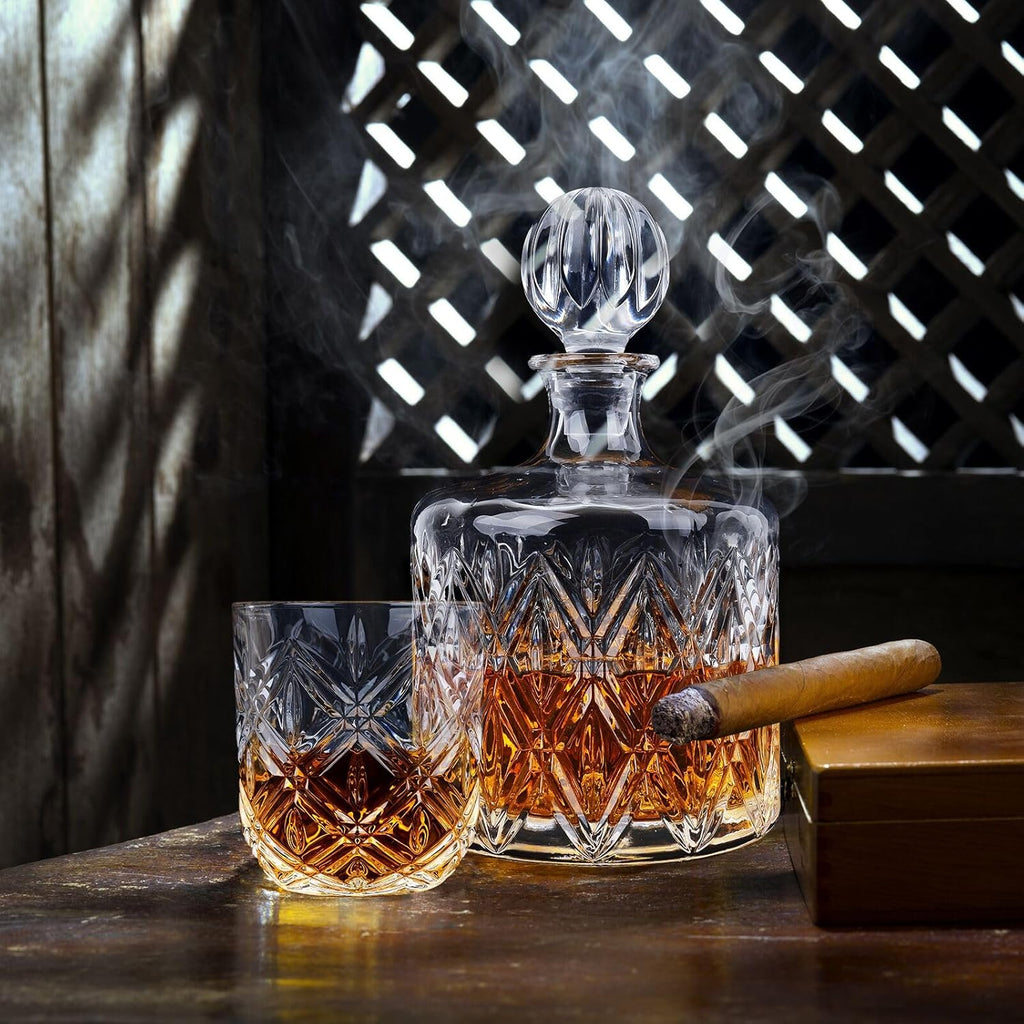 Lead-Free Crystal Whiskey Decanter Set, 37 oz, 4 Glasses, Premium Gift Box for Bourbon, Scotch & Home Bar