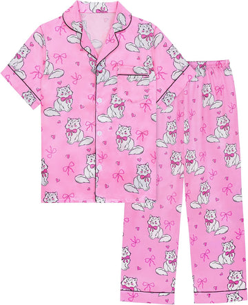 Girls Satin Pajamas Silk PJS Set Rainbow Unicorn Sleepwear Short Sleeve Long Pants Jammies for Toddler Kids