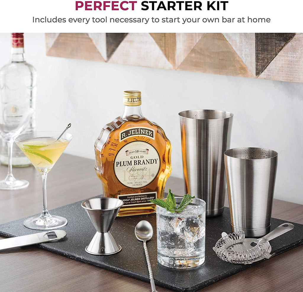 Cocktail Shakers Set, Stainless Steel Bar Tools Kit with Shaking Tins, Flat Bottle Opener, Double Bar - Set of 14