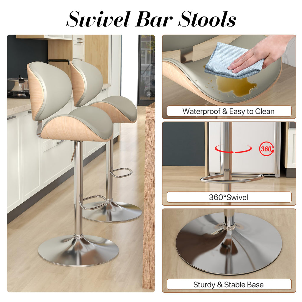 Bar Stools Swivel Bentwood Barstools, Set of 2, Gray PU