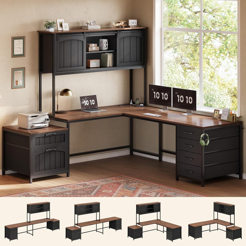Reversible Farmhouse L-Shaped Desk with Hutch, 6 Drawers, File Drawer & Power Outlets