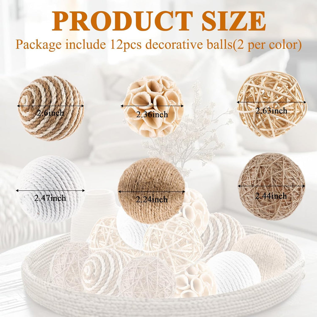 Decorative Balls for Centerpiece Bowls, Wicker Rattan Spherical Rustic Ball, Natural Bowl Fillers & Vase - Set of 12
