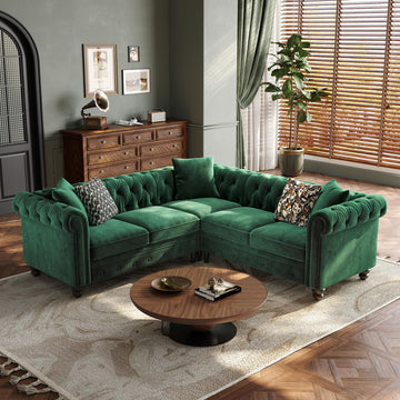 Velvet Chesterfield Sofa, L-Shaped Sectional Sofa with Tufted Back
