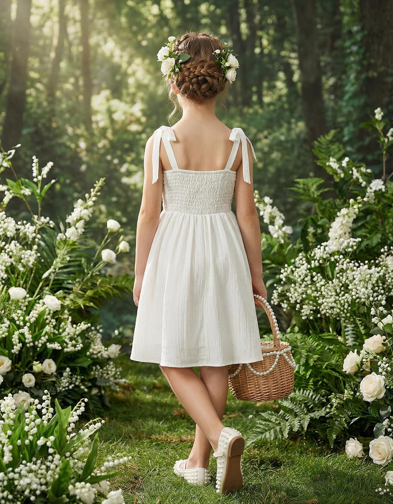 Girls Dresses Ruched Smocked Back Spaghetti Strap Bow Sundress