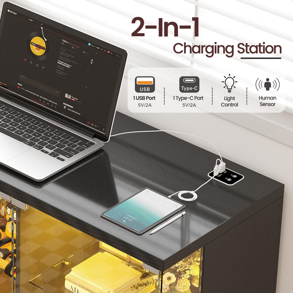 47.2" Lockable Glass Display Cabinet with Sensor & Charging Station, Black