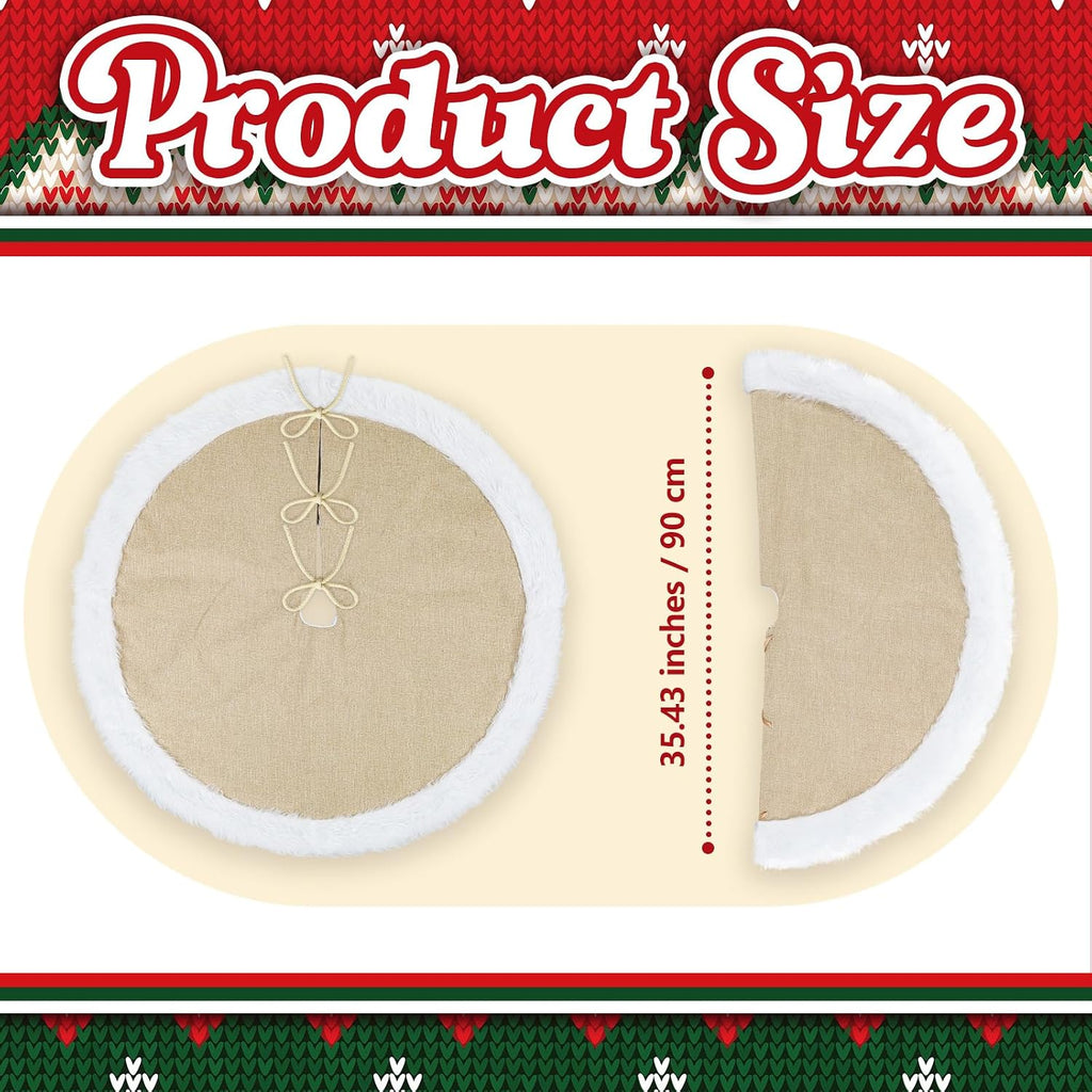 35.4'' Christmas Tree Skirt, Rustic Burlap White Faux Fur Trim Tree Skirt Simple Plain Burlap & Soft Thick Plush