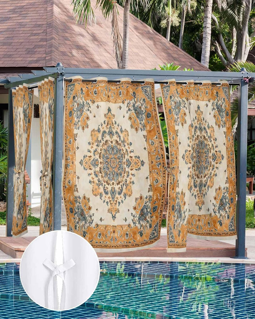 Outdoor Curtains Waterproof, Vintage Boho Floral Vintage Ethnic Distress Traditional Style Grommet Weatherproof