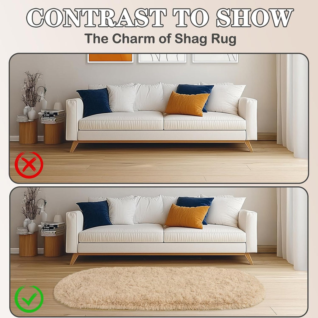 Soft Oval Beige Fluffy Rugs Washable Non-Slip, Set of 2