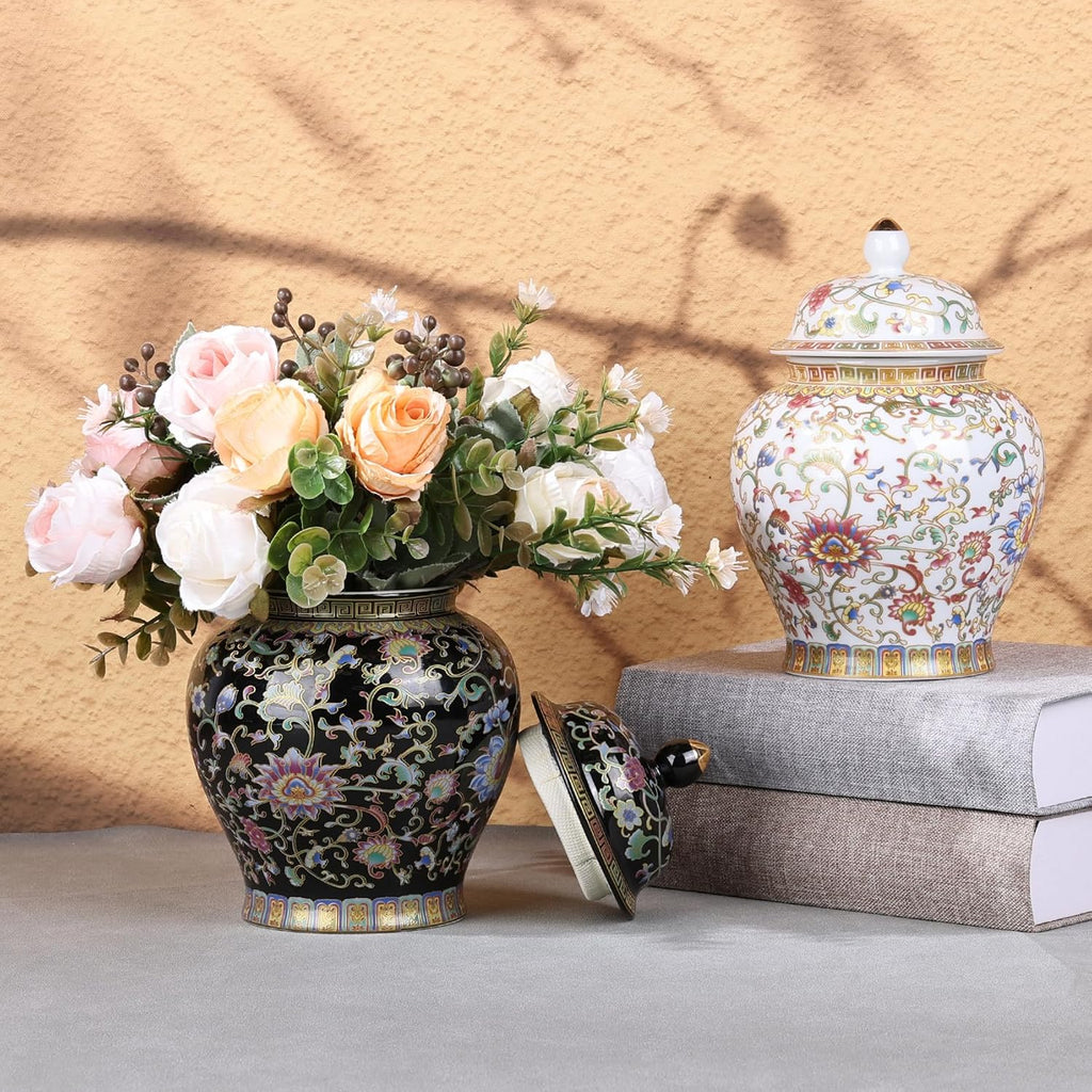 Enamel Ginger Jar with Lid 7.72"H,Handmade Chinoiserie Ginger Jar, Ceramic Vase Decor, Decorative Jar, Black or White