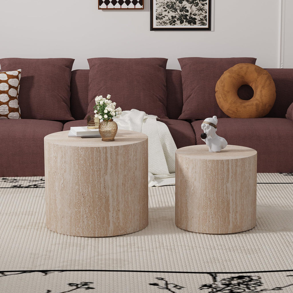 Round Nesting Coffee Set of 2, Wood Side, Travertine