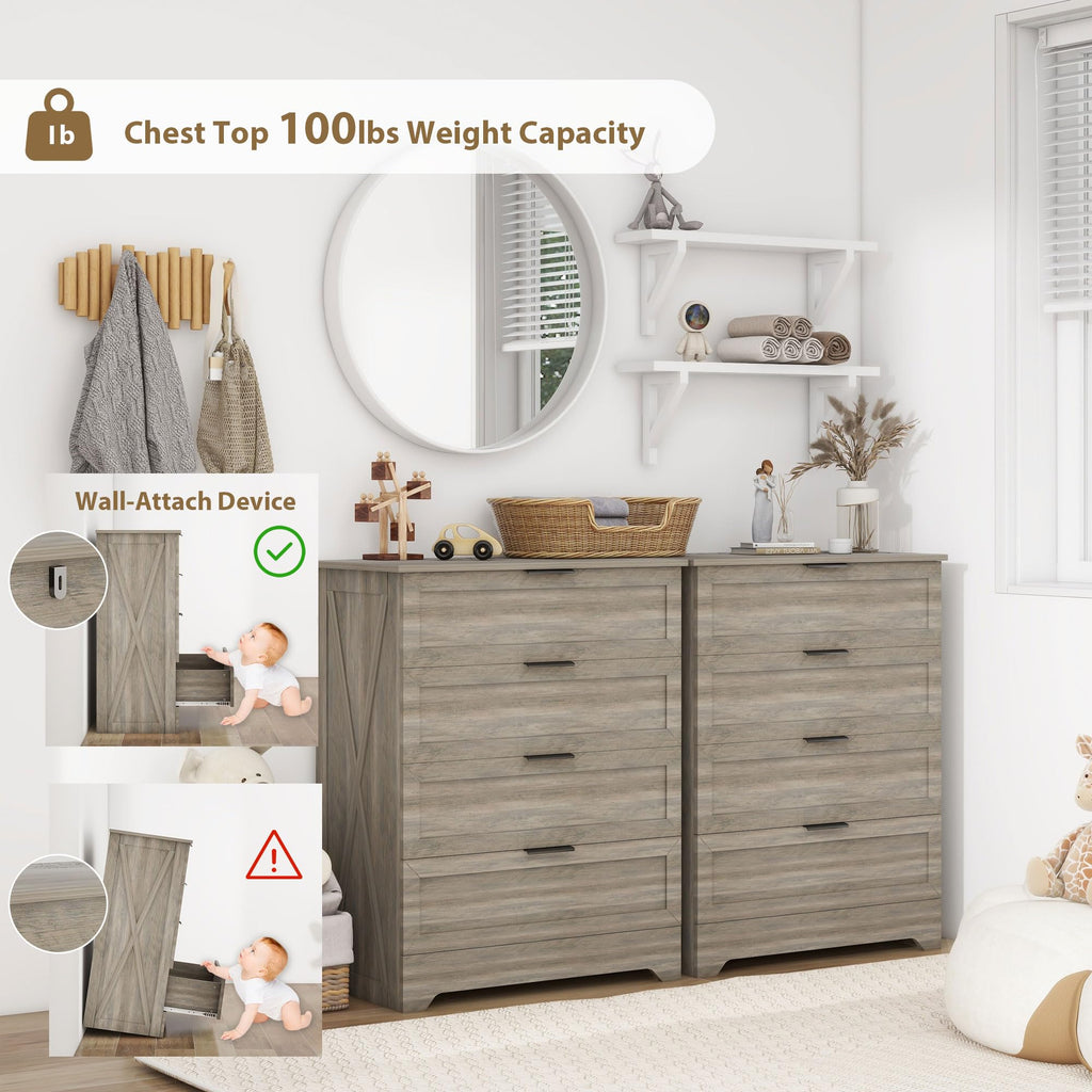 Farmhouse 4 Drawer Dresser, Tall Bedroom Dresser, Rustic Gray