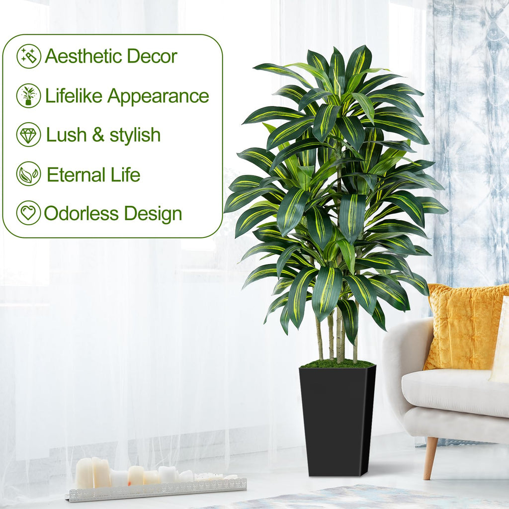 5FT Artificial Dracaena Tree - High-Density Foliage Fake Plant with Black Tall Planter - Faux Yucca Floor Plant Decor