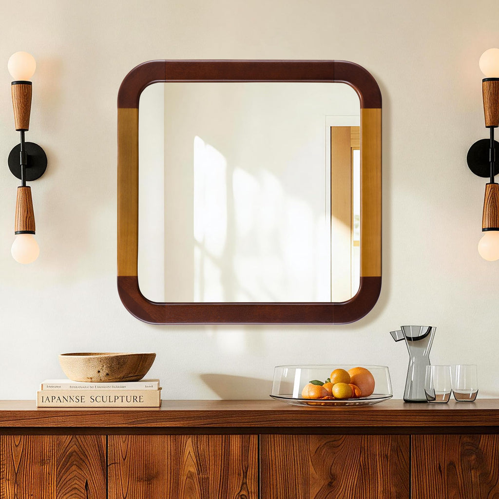 Bathroom Mirror 24 x 24 Inch, Brown Wood Walnut Square Tempered Wall Mirror
