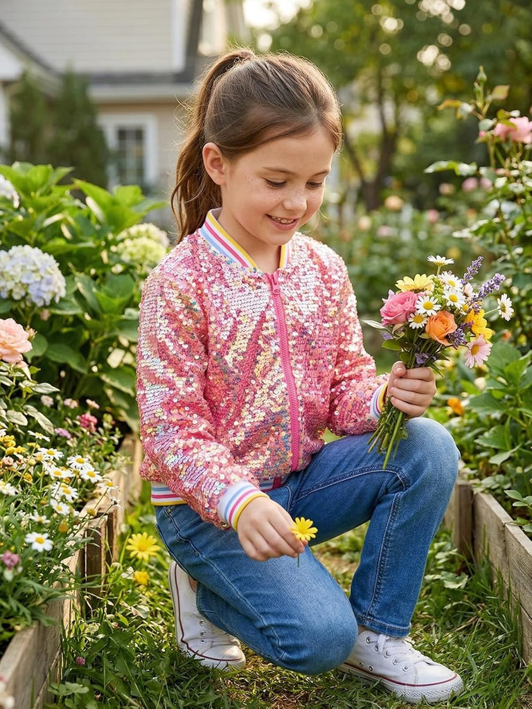 Girls' Ombre Sequin Bomber Jacket with Pockets Lightweight Sparkle Long Sleeve Zipper Gradient Jackets for Kid