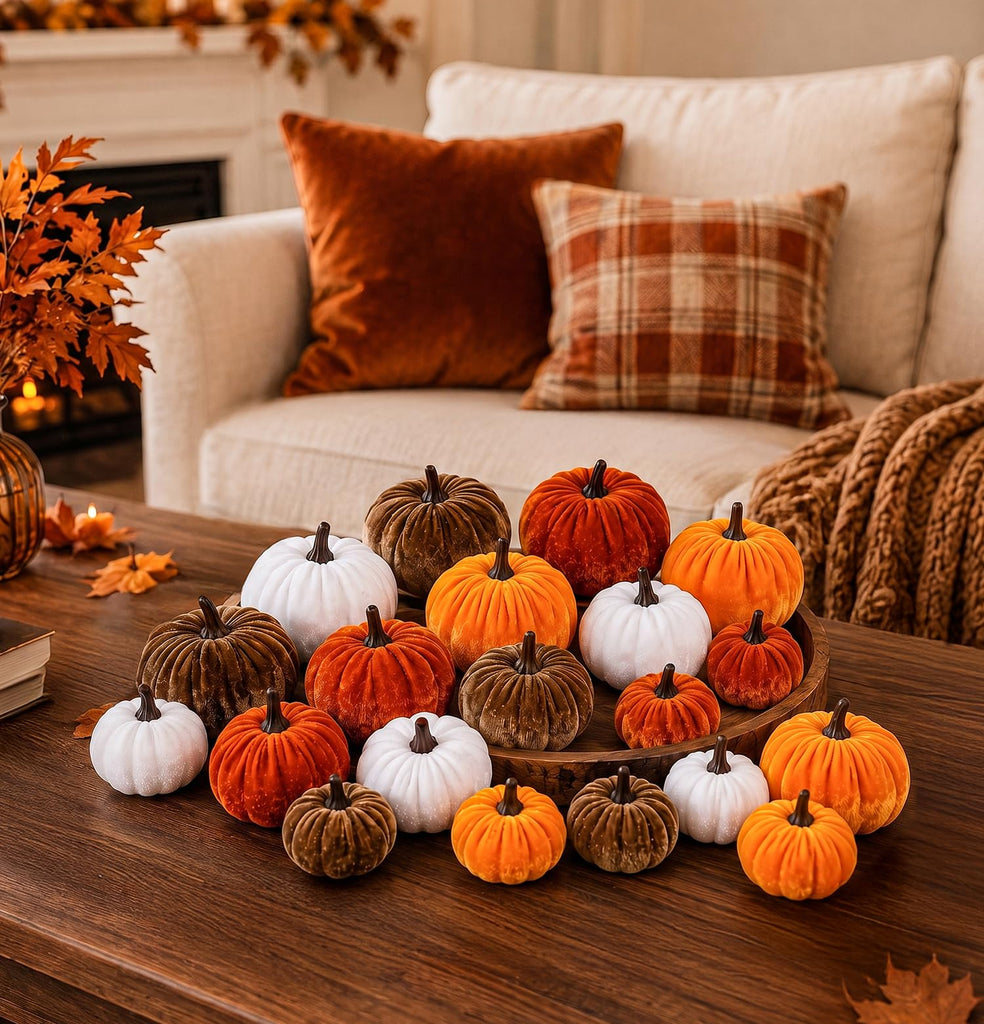 Fall Pumpkin Decor, 20 PCS Fall Decorations Fake Artificial Velvet Pumpkins with 4 Size & Color, Autumn Thanksgiving