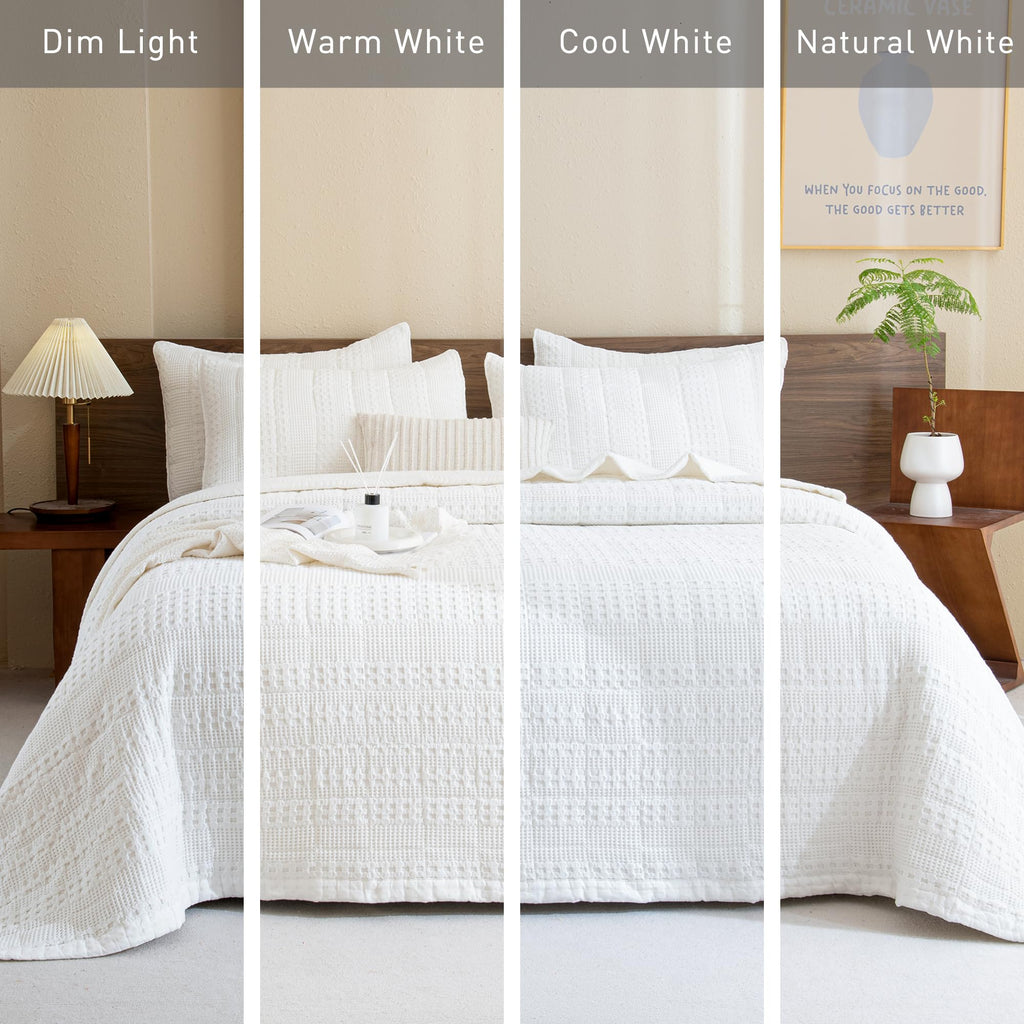 Cotton Quilt 110"x98", White Waffle Weave Bedspread, 3 Pieces Lightweight Ultra Soft Farmhouse