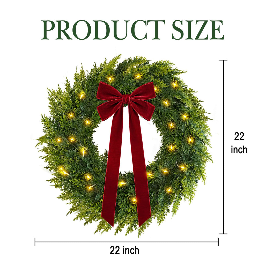 Christmas Decorations, 22 Inch Pre-Lit Christmas Wreath with Red Velvet Bow