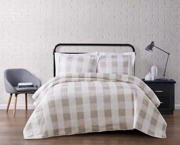 Everyday Buffalo Plaid Khaki Polyester 3-Piece Quilt Set, Plaid Themed, for Men and Women, Oeko-TEX Certified