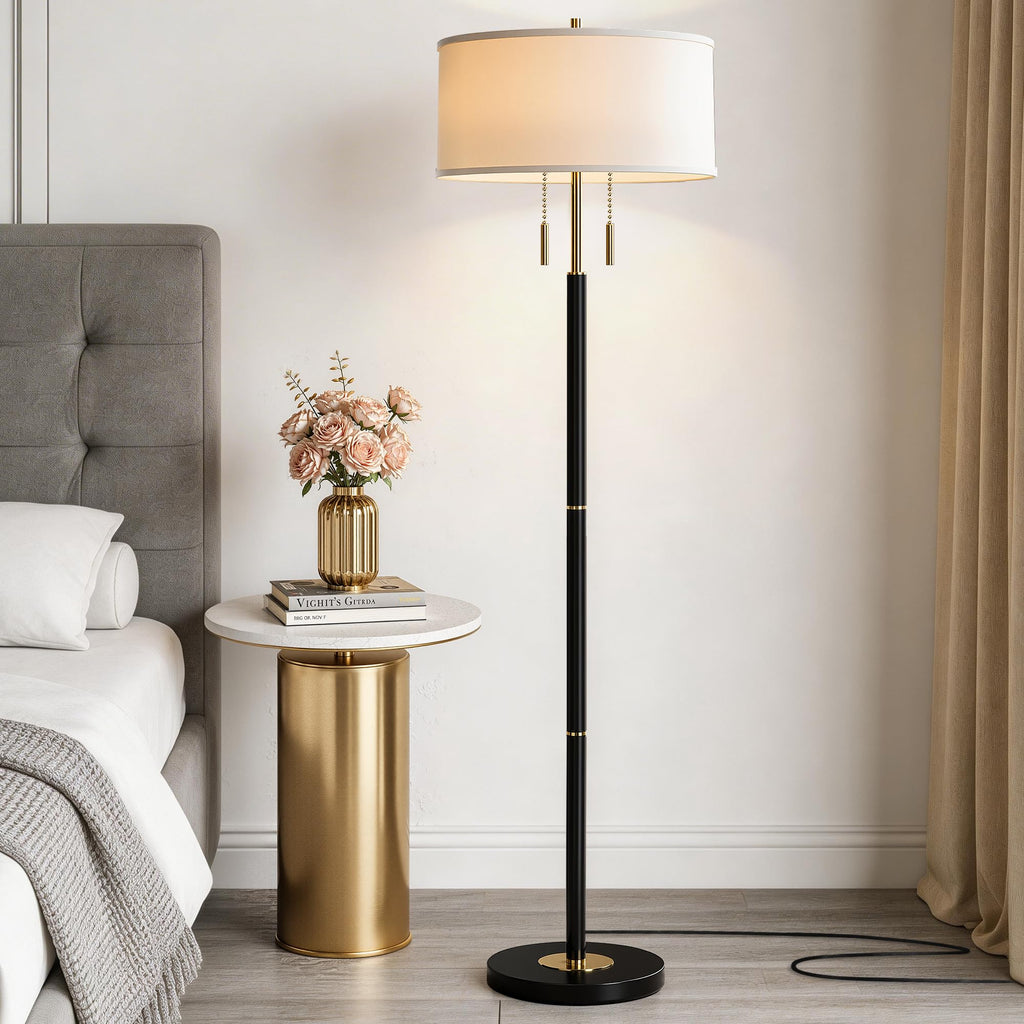 2-Light Mid Century Modern Floor Lamp, Standing Lamp with Fabric Shade and Pull Chain Switch, Tall Floor Lamp Corner
