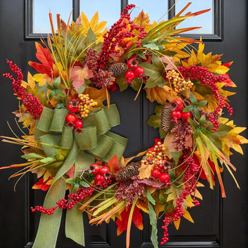 24 Inch Artificial Silk Harvest Fall Wreaths for Front Door with Green Bow