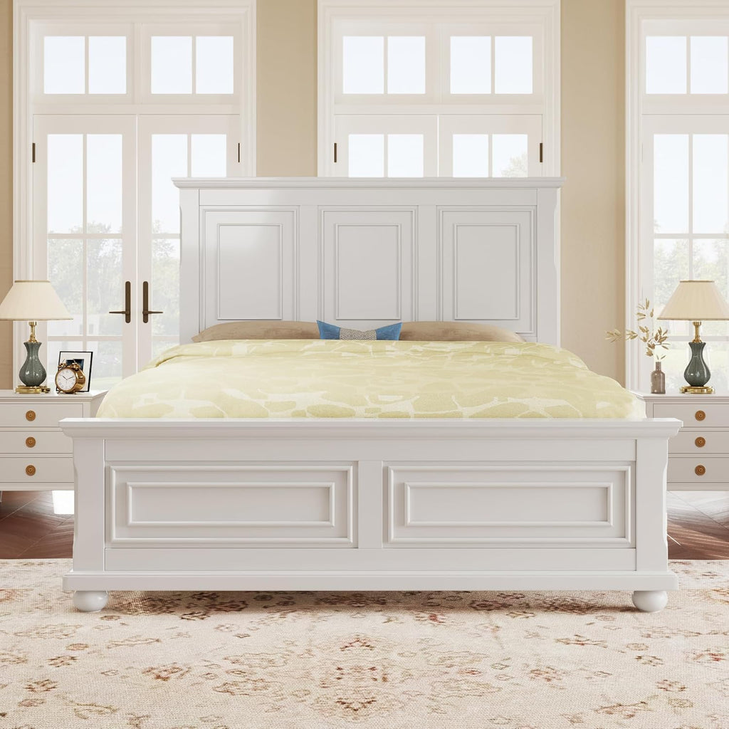 Queen Wood Platform Bed with Headboard and Footboard, Farmhouse Vintage Bed Frame with Tall Headboard, Wood Slats