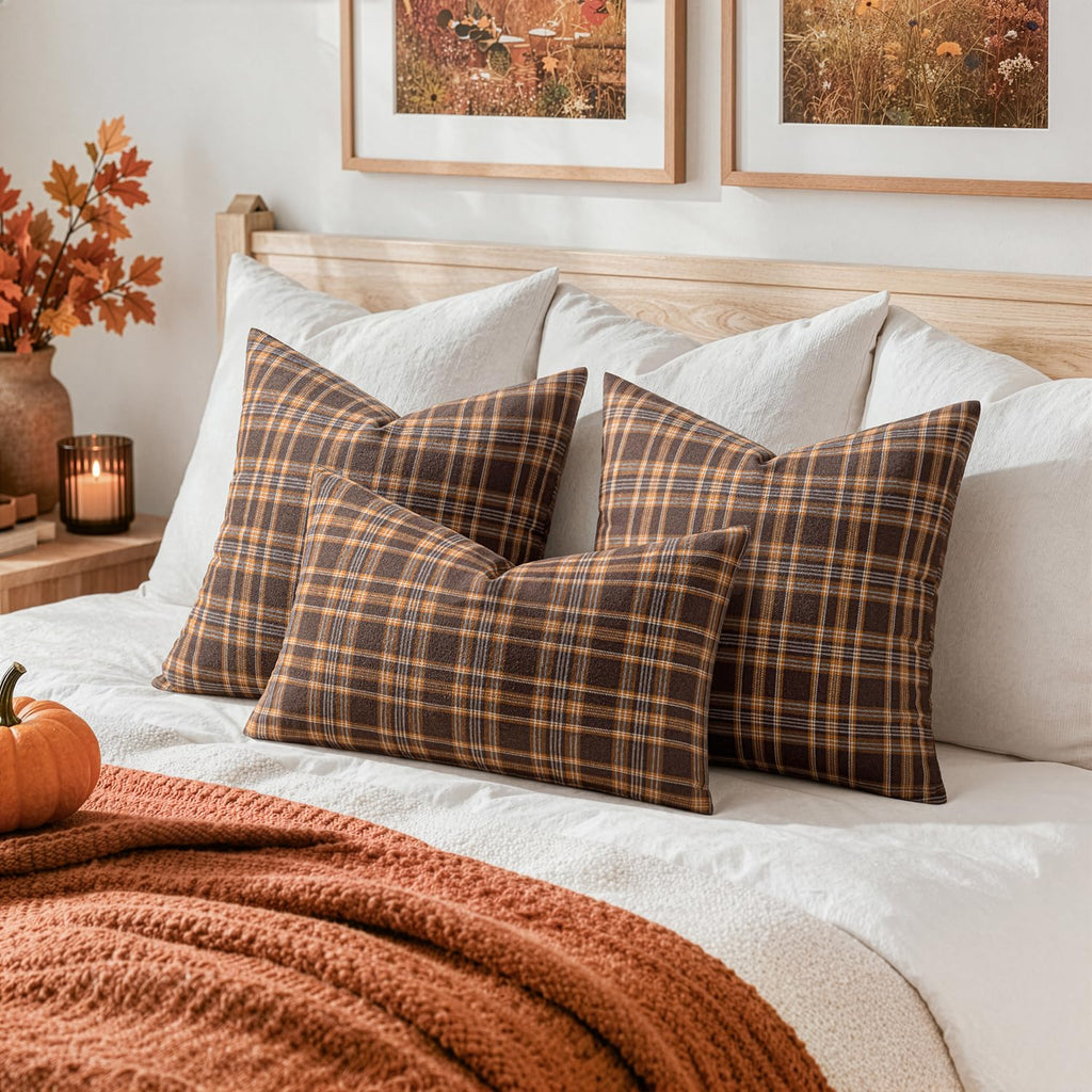 Fall Plaid Pillow Covers Scottish Tartan 20x20 Dark Brown