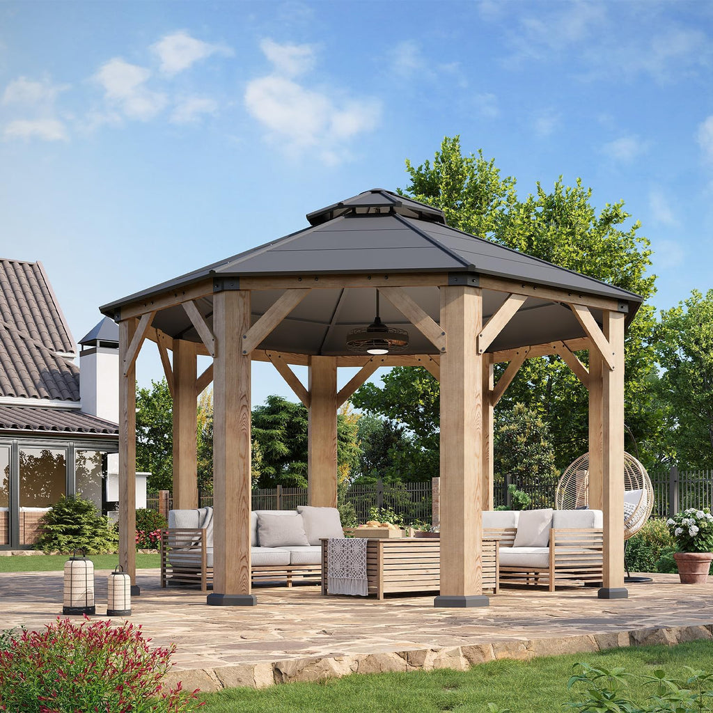 13' x 13' Outdoor Wood Octagon Gazebo, Hardtop Gazebo Permanent Wooden Pavilion with Galvanized Steel Double Roof