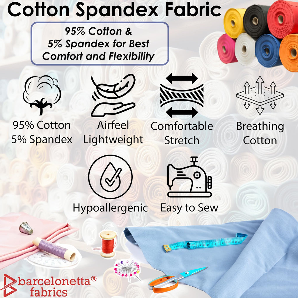 Cotton Spandex Fabric | by the Yard | Stretchy, Breathable, Lightweight Cotton Fabric | 60" Wide Roll | Sewing | 95%