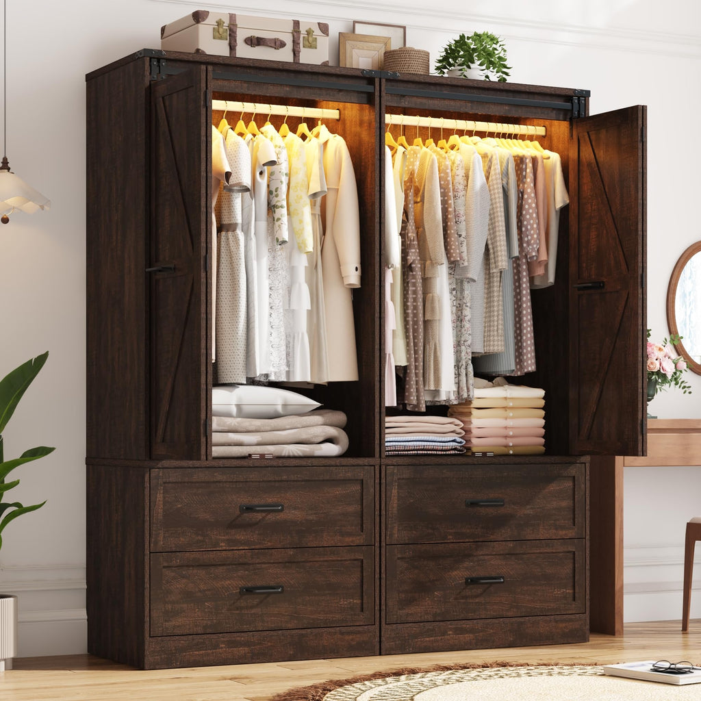 Farmhouse Wardrobe Armoire Closet with 4 Doors and 4 Drawers, Brown