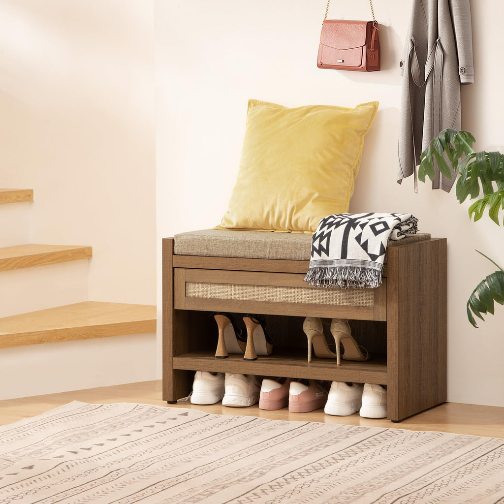 Rattan Shoe Bench Entryway Bench with Storage Drawer, Linen Cushion