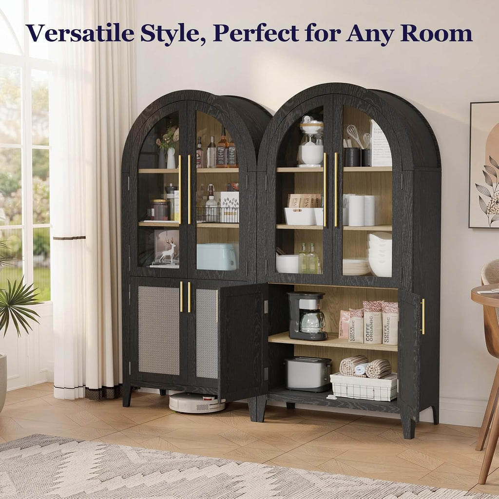 63" Tall Arched Cabinet with Glass Doors, Kitchen Pantry Storage Cabinet with Dust-Proof Rattan, 5-Tier Curio China