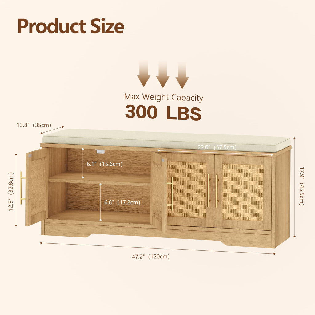 Rattan Shoe Storage Bench, 47.2" Wide Entryway Bench, Natural Oak