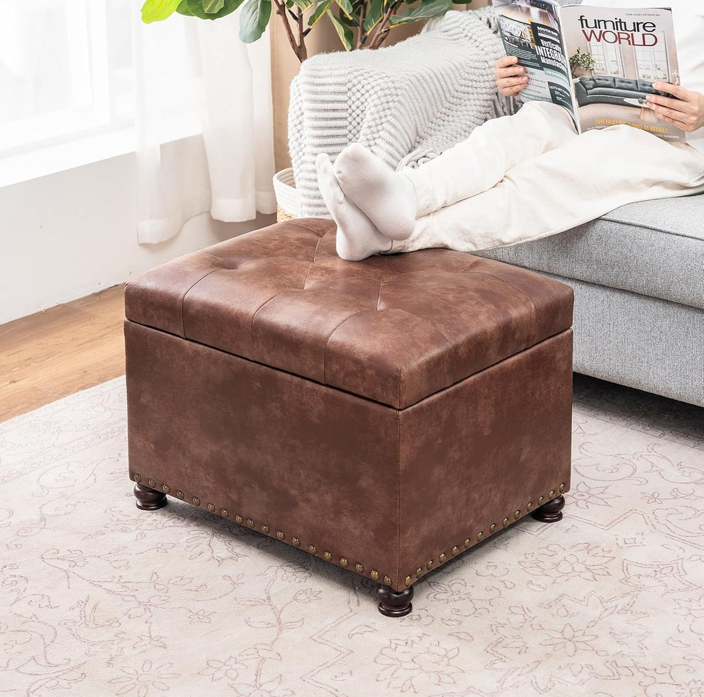 Leather Storage Ottoman, 24" Rectangle Tufted Square Upholstered Bench, Foot Rest Stool with Wood Legs, Footstool