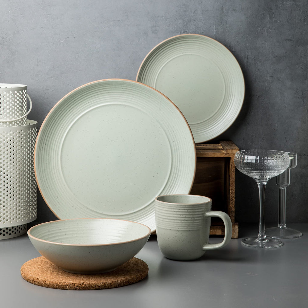 Round Stoneware 16pc Dinnerware Set of 4, Dinner Plates, Side Plates, Cereal Bowls, Mugs - Speckle Matte White